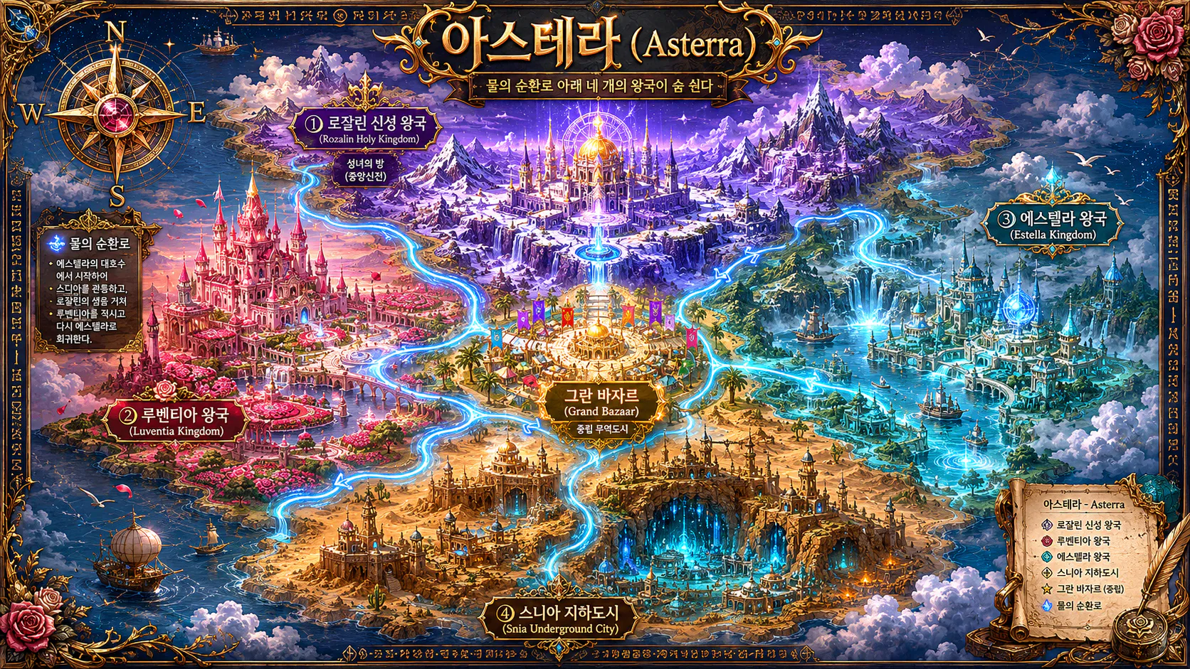 아스테라 대륙 네 왕국과 중앙 그란 바자르 지도