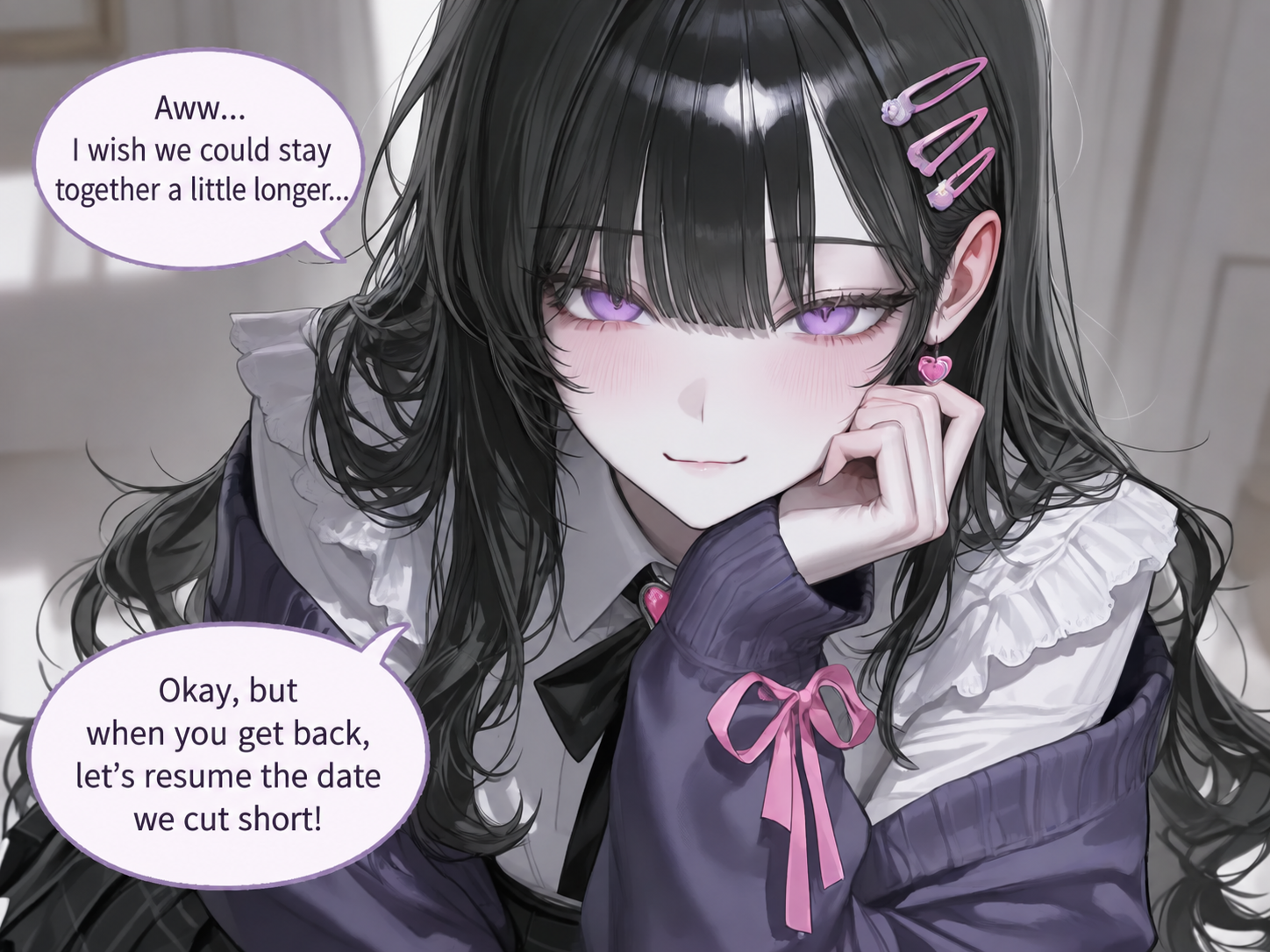 Menhera Stage 1, Playful Disappointment. Hiiing… I wanted to stay together a little longer… Okay, but finish our date when you come back!